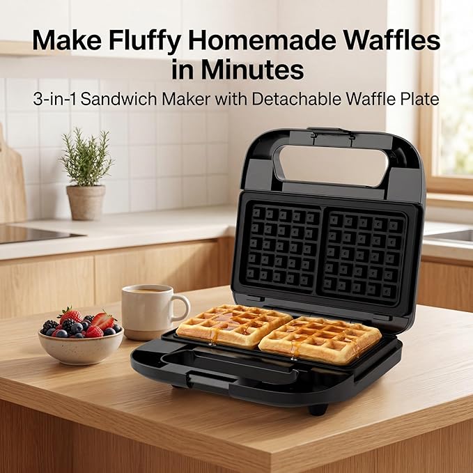 KEINVE 3 in 1 Sandwich Maker & Waffle Maker, Removable Non-Stick Plates, Panini Press, Grilled Cheese Maker, Cool-Touch Handle, LED Light, Easy Clean, 750W, for Home Kitchen Breakfast