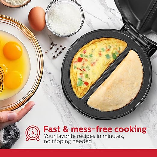 Holstein Housewares Stainless Steel 2 Section Omelet & Frittata Maker, Non Stick Coating, Easy To Clean, Indicator Lights, Compact Storage, Prepare Versatile Recipes in Minutes. 2 Portions, Black