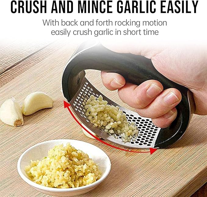 Stainless Steel Garlic Press Rocker Set - Heavy Duty Garlic Mincer, Crusher & Chopper with Silicone Peeler, Cleaning Brush - Effortless Smasher and Grinder Tool for Easy Kitchen Prep (Black)