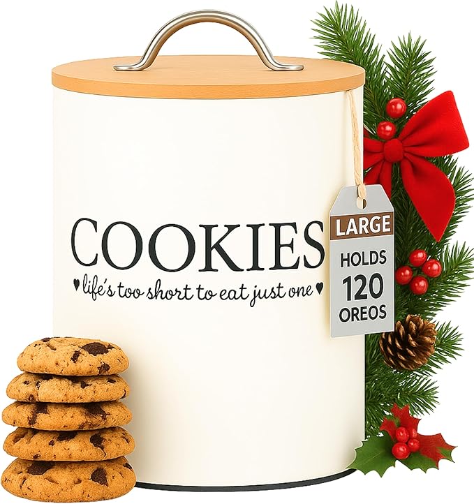 D'Lifeful Cookie Jar with Airtight Bamboo Lid – 1.1 Gallon Cute and Decorative Cookie Storage for Kitchen Countertop – Farmhouse Storage Tin for Freshness – Great Gift Idea (Off White)