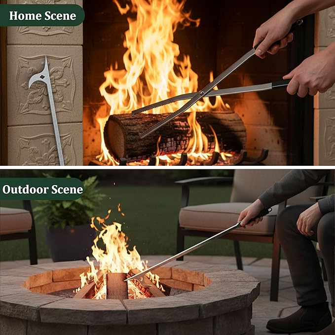 Tredre Fire Tongs and Fire Poker Set, Stainless Steel Fire Pit Tools for Outside, Heavy Duty Fireplace Tongs Log Grabber for Campfire, Wood Stove, Rust-Resistant Firewood Tong Set