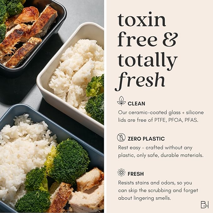 Ceramic Coated Glass Food Storage Container | No PTFE, PFOA, PFAS, and BPA | Reusable Non Toxic Meal Prep Container with Glass Lid | Easy To Store | 2.5 Cup Square [Pine]