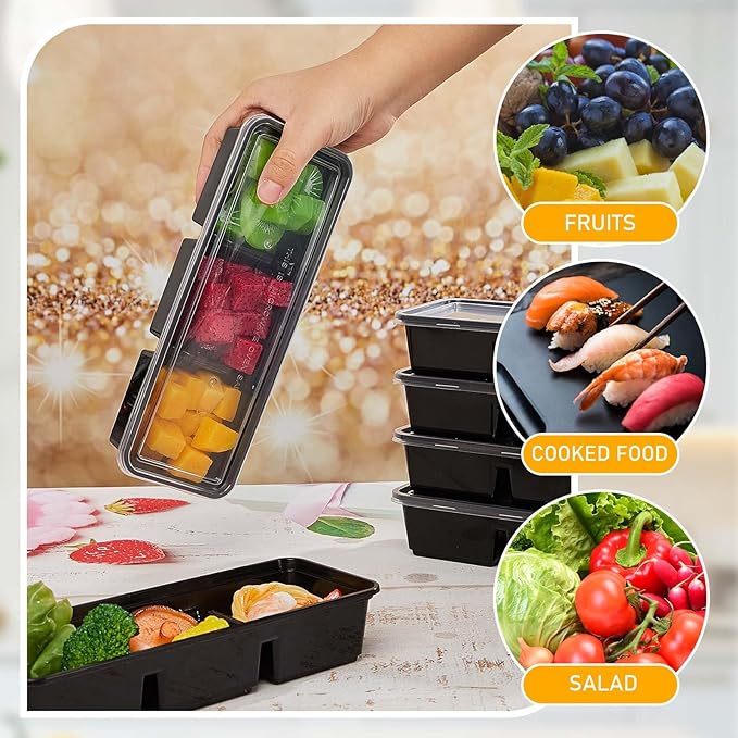 Hushee 25 Pack 17 oz Small Meal Prep Containers with 3 Compartments Snack Containers with Lid Disposable Plastic Bento Box Travel Lunch Food Boxes Stackable for Office Picnic (Black)