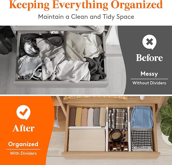 Lifewit 8 Pack 4" High Drawer Dividers 34-56cm/13.5-22" Adjustable Drawer Organizer for Clothes/Utensils, Expandable Drawer Separator in Dresser/Kitchen/Bedroom/Office Organization & Storage White