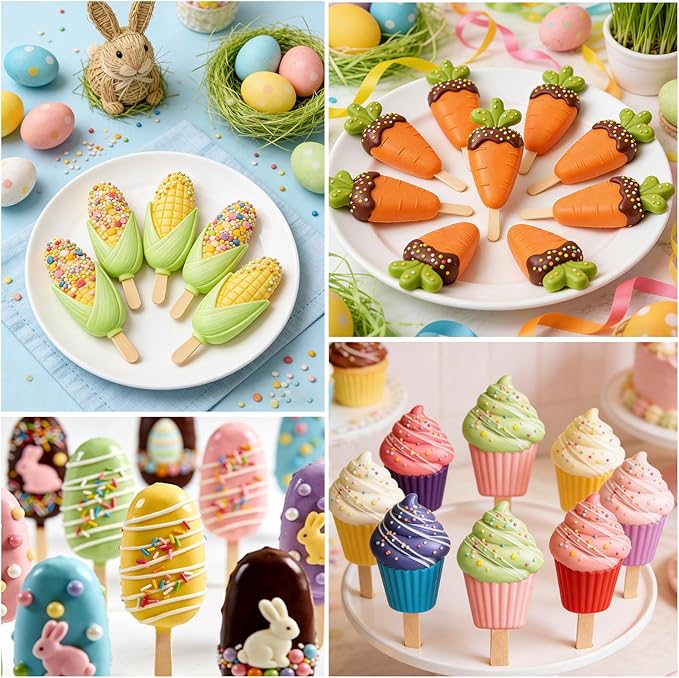 Juome Cake Pop Mold Kit, 2 Pack 6 Cavities Cakesicle Molds Silicone with 100 Wooden Sticks & 100 Packaging Bags with Ties, Cake Pop Maker Supplies Accessories, Baking Tools for Home Baking Desserts