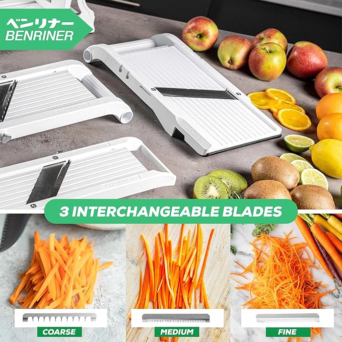 Benriner Mandoline Super Slicer, with 4 Japanese Stainless Steel Blades, BPA Free, 14.5 x 5.25-Inches, Official US Version with Authentic Retail Packaging