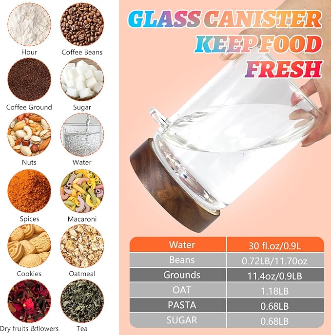 Glass Food Storage Jar with Lids Spoon Glass Coffee Canister Borosilicate Glass Food Containers for Ground Coffee Beans Nut Pasta Sugar Candy Spice Rice Tea (900ml/30oz-2 pack-with spoon)