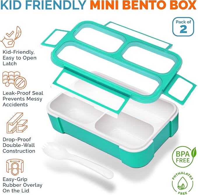 Small Snack Containers for Kids Toddlers - 3 Compartments (Set of 2) - Leak-Proof Reusable Boxes with Lids - BPA-Free Plastic Mini Bento Lunch Box - Ideal for School, Holds 2 Cups (Teal Blue+Orange)