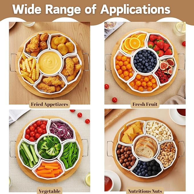 ZENFUN Chip and Dip Serving Set, 11'' Divided Serving Platters Tray for Party, 6-Compartment Removable Appetizer Snack Dishes, Round Sectional Serving Platter for Fruits, Condiment