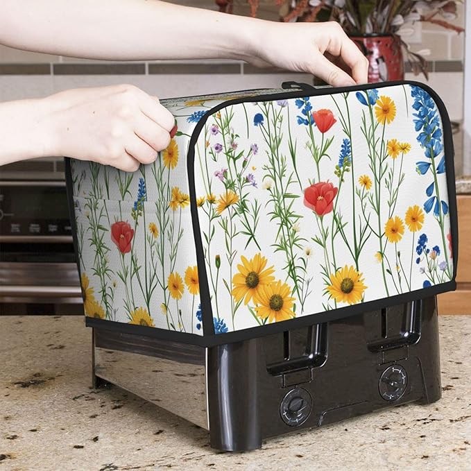 Summer Wildflower Toaster Cover 2 Slice, Cute Rural Bread Machine Cover, Washable Dust-Proof Cover for Kitchen Small Appliance Cover,with Top Handle