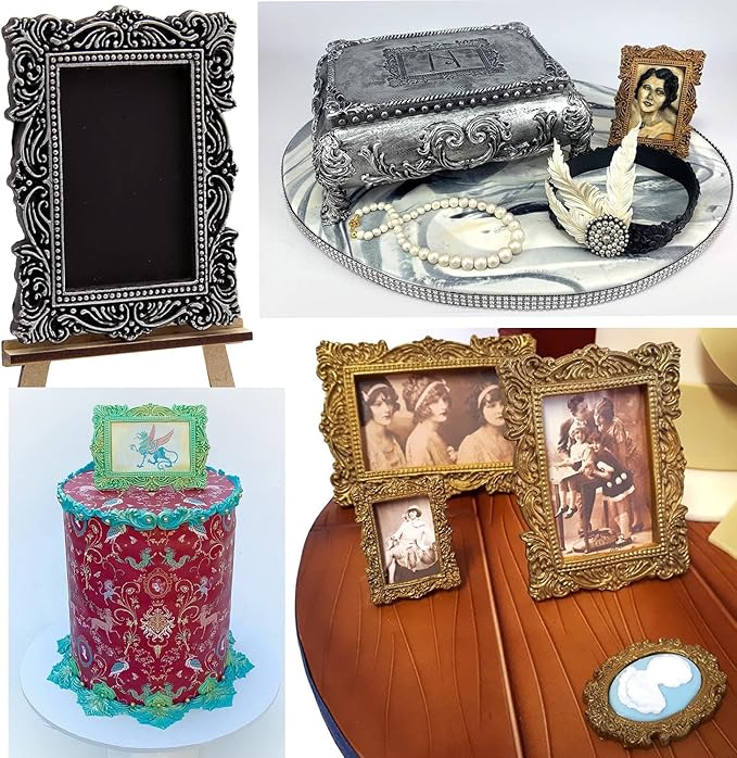 Baroque Photo Frame Fondant Molds Picture Frames Silicone Mold Vintage Mirror Frame Molds for Cake Decoration Cupcake Topper Chocolate Candy Polymer Clay Gum Paste Set of 2