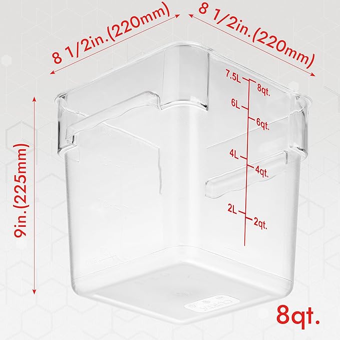CURTA 8-Pack 8 Qt NSF Clear Polycarbonate Food Storage Containers with Red Lids - Square, Commercial-Grade, Freezer & Dishwasher Safe, Stackable