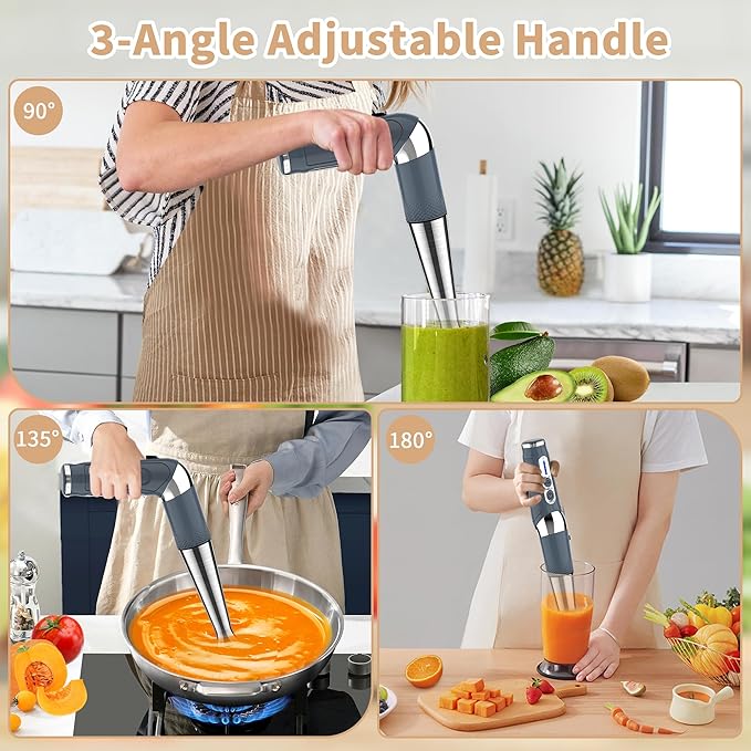 Toogel Cordless Immersion Blender, Electric Hand Blender with 21-Speed & 3-Angle Adjust, USB Rechargeable, BPA-Free & Dishwasher Safe for Baby Food, Smoothies, Soup (Grey)