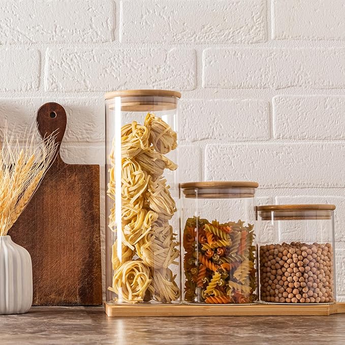 SHOWIN 53oz Glass Food Storage Jars, Glass Jars with Bamboo Lids, Kitchen Storage Jars, Set of 4, Canisters with Airtight Lids for Spice, Coffee, Cookie, Pantry Organizers