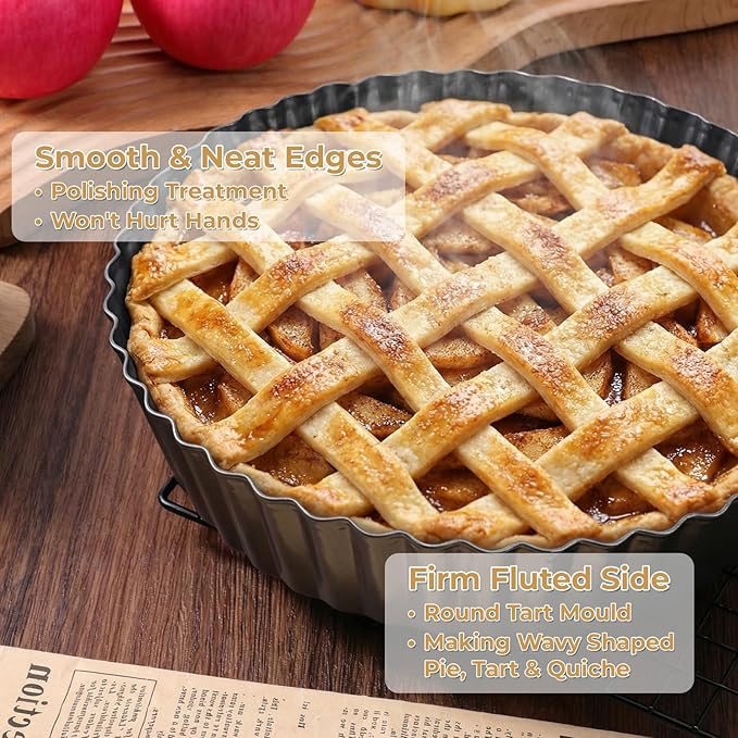 3 Pack 9.5 Inch Tart Pan with Removable Bottom, Non Stick Durable Carbon Steel Deep Quiche Tart Pan Fluted Pie Pan for Pot Oven Pies Cheesecakes Desserts