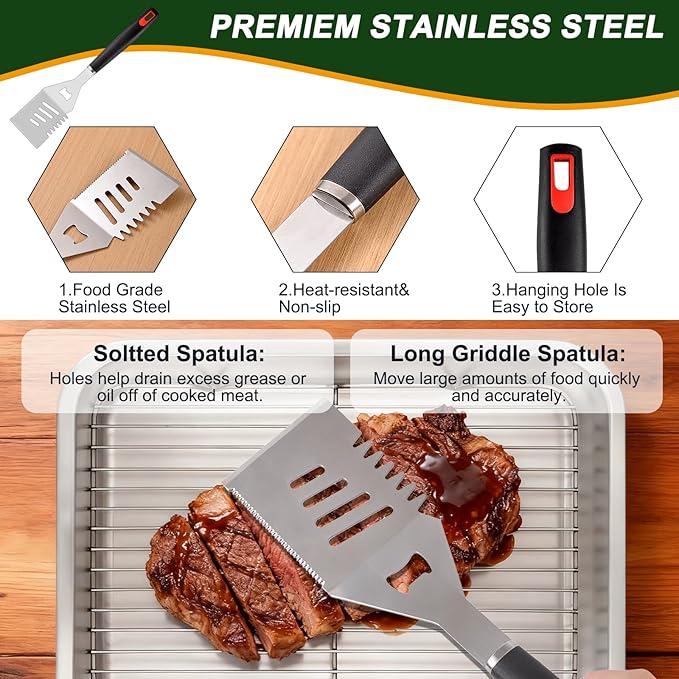 Grilling Accessories Set Spatula Fork Cleaning Brush Food Tongs Carving Knife Basting Brush Durable Stainless Steel BBQ Grill Tools with Extra Thick Storage Case BBQ Accessories Grill Set