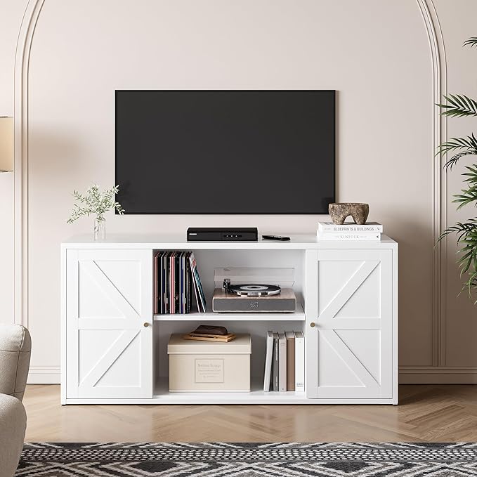 Metal TV Stand for 65 Inch TV, Farmhouse TV Entertainment Center with Storage Cabinets and Adjustable Shelves, Modern Media TV Console Table, TV Cabinet for Living Room, Bedroom, White