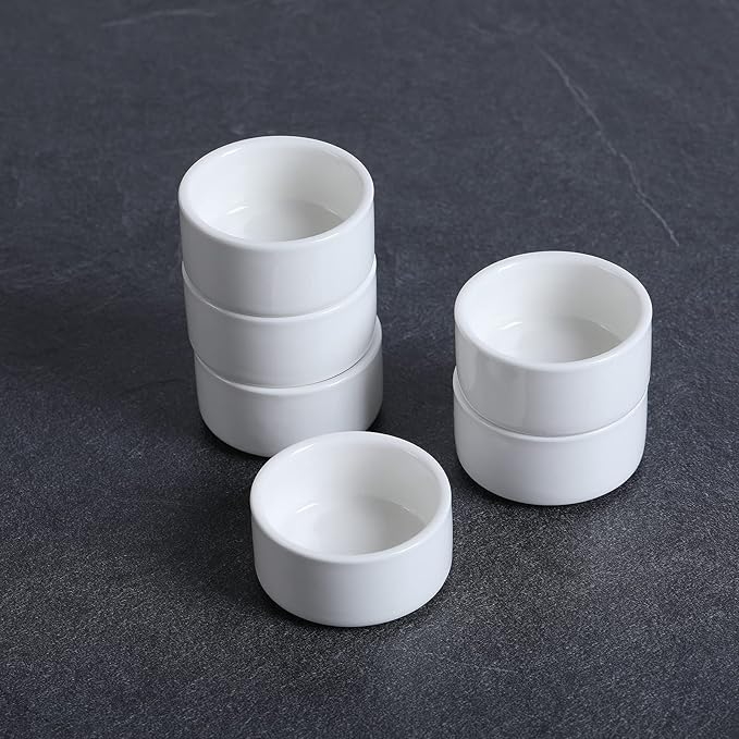 1 oz Mini Porcelain Ramekins Set of 6, Small Ceramics Souffle Dish, Exactly Designed for Dipping Sauce, Ketchup, Salsa and Jams, 30ml White