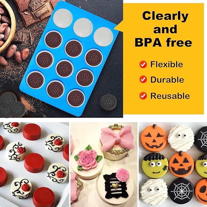 Sidosir 3Pcs Oreo Cookie Chocolate Silicone Mold, 12-Cavity Round Cylinder Oreo Chocolate Cover Molds for Candy, Silicone Baking Molds for Mini Cakes, Jelly