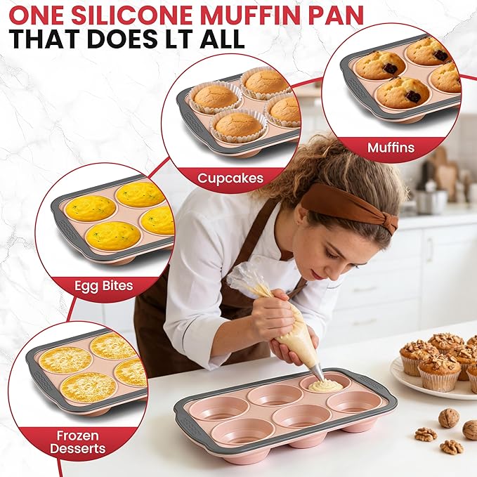 Silicone Muffin Pan - 6 Cups Regular Size Cupcake Pan Egg Bite Molds Muffin Pans for Baking - Nonstick, Easy to Pop, Bakeware for Oven Dishwasher Safe, BPA Free (6-Cups Pink)