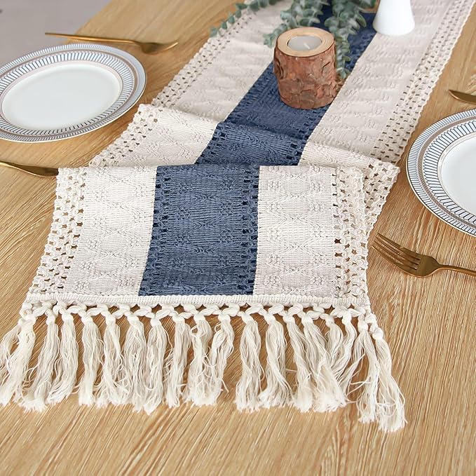 FEXIA Boho Table Runner 36 Inches Long with Tassels Farmhouse Rustic Cream & Blue Macrame for Dining Bedroom Home Baby Bridal Shower Decor(12x36 Inches)