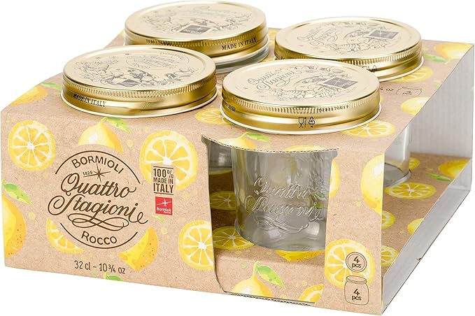 Bormioli Rocco Quattro Stagioni set of 4 Clear Airtight Mason Jars, 10.75 Oz. Made from Durable Glass, Made In Italy