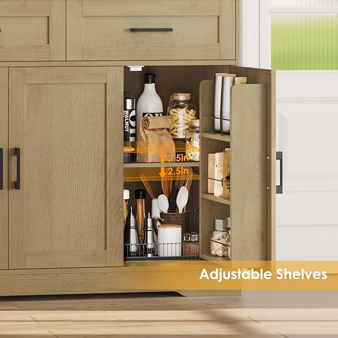 FACBOTALL Tall Kitchen Pantry Cabinet, Farmhouse Food Pantry Cabinet with Doors and Adjustable Shelves, Kitchen Hutch with Countertop and Microwave Stand for Dining Room, Living Room, Oak Color
