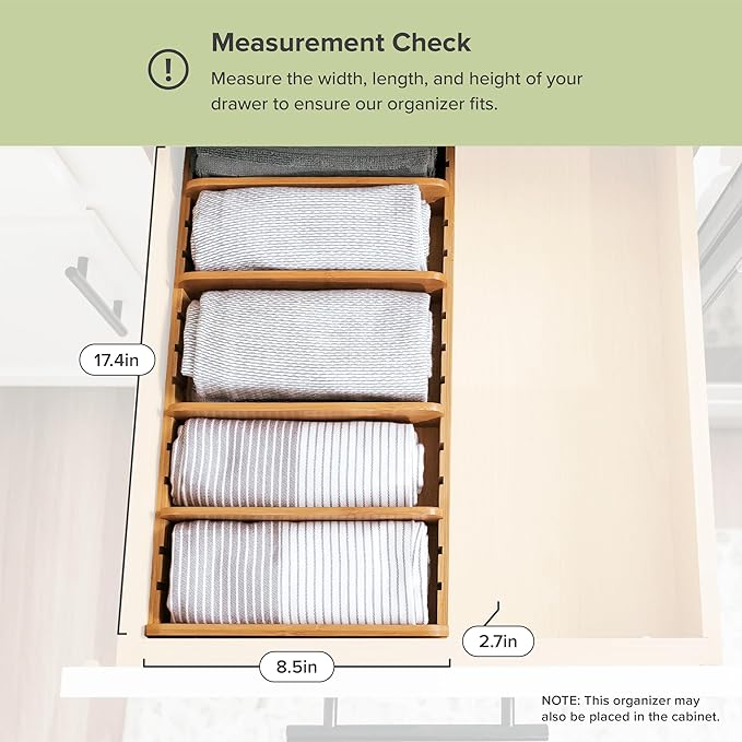 KitchenEdge Bamboo Kitchen Towel and Food-Storage Organizer, Perfect for Kitchen Drawers, Cabinets, Pantry, 5 Adjustable Wall Inserts, Organize & Store Plastic Food Containers