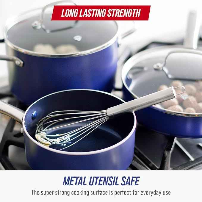 Blue Diamond 14 Piece Cookware Set, Diamond Infused PFAS & PFOA-Free Ceramic Nonstick Pots and Pans, Durable, Non Toxic, Metal Utensil Safe & Scratch Resistant, Dishwasher & Oven Safe, Blue