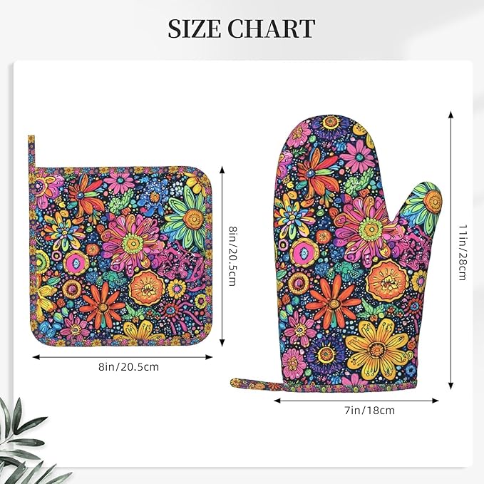 Oven Mitts and Pot Holders Set, Colorful Flower Art Silicone Kitchen Accessories 4 Piece Heat Resistant Long Gloves Potholder Non-Slip Grip for Chef Cooking Baking Grilling BBQ