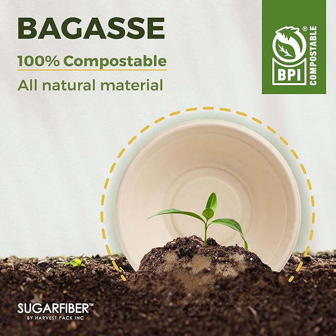 [125 Count]Harvest Pack Compostable Paper Bowls, 16oz PFAS FREE Round Biodegradable Bowl, Heavy-Duty Eco-Friendly Disposable, Sugarcane Bagasse Natural plant fibers Takeout, Alternative to Plastic