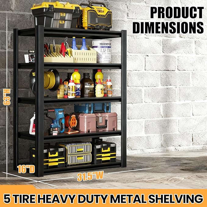 63" H Garage Shelving, Heavy Duty Storage Shelves, Garage Storage Shelves, Adjustable 5 Tier Metal Shelving Unit, Utility Shelves for Warehouse Backyard, 63" H×31.5" W×16" D