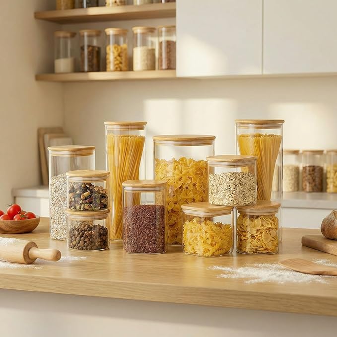 42oz & 27oz - 4 Pack Square Glass Jars with Bamboo Lids, Glass Food Storage Containers with Airtight Lids for Kitchen, Air Tight Pantry Storage Containers for Cereal, Pasta, Rice, Sugar, Coffee, Spice