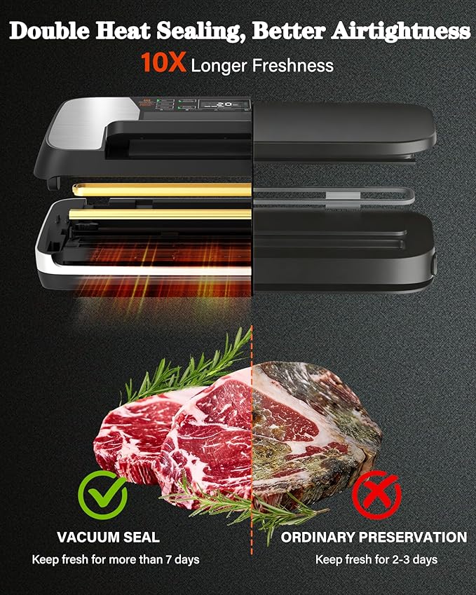 95KPa Food Vacuum Sealer Machine, 230W Vacuum Pack Machine 12-in-1 Automatic Powerful Food Preservation System with Double Heat Seal, Includes Built-in Cutter, Storage, 1 Roll & 10 Bags Black-silver