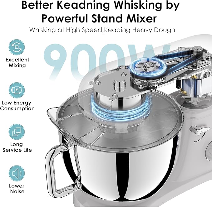 Kitchen in the box Stand Mixer - 6.5 Quart Mixing Bowl with Handle, 900 Watt Heavy Bread Dough Standing Mixers Tilt-head with Dough Hook, Whisk, Flat Beater and Splash Guard (Blue)