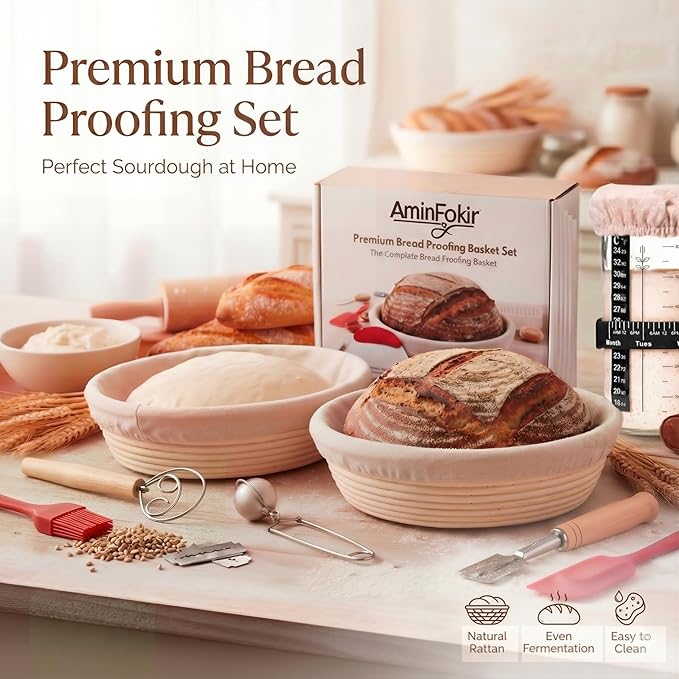 Sourdough Starter Kit with Glass Starter Jar & Banneton Bread Proofing Basket, Complete Sourdough Bread Baking Supplies and Tools for Home Bakers, Gift Sourdough Kit for Baking Lovers