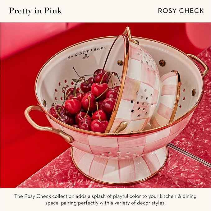 MACKENZIE-CHILDS Enamel Colander, Decorative Kitchen Strainer, Large, Pink-and-White Rosy Check