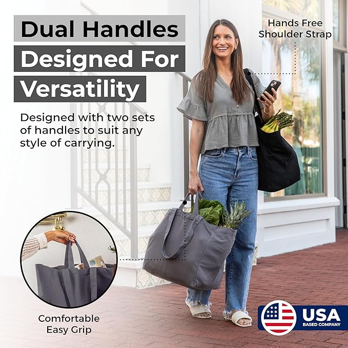VeraMia Canvas Grocery Bag 3pc XL Set with Real Pockets, Long Shoulder Strap and Short Handle. Heavy Duty, Foldable, Washable