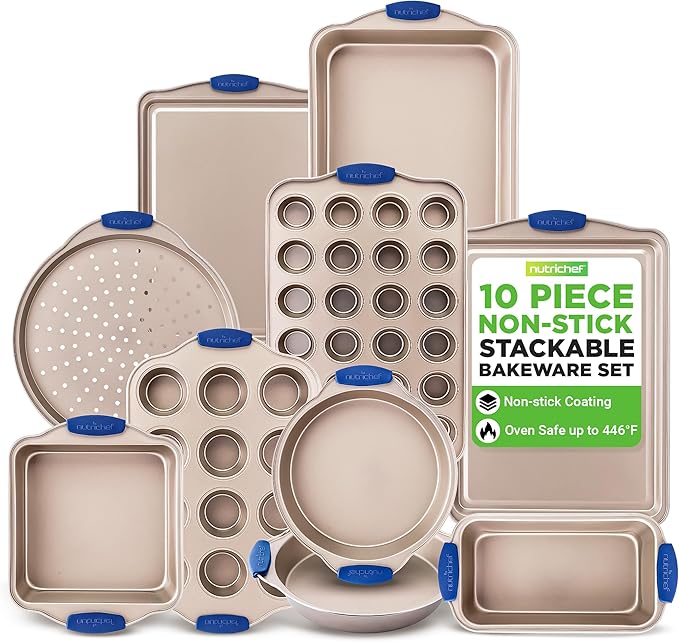 NutriChef 10-Piece Nonstick Bakeware Set - Premium Carbon Steel Baking Pan Set w/Heatsafe Silicone Handles, Includes Pizza Crisper, Loaf Pan, 12 & 24 Cup Muffin Pans, Cake Pans, Cookie Sheets