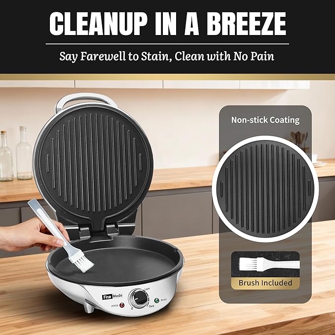 FineMade Electric Griddle Nonstick, Multi-Funtional Quesadilla Maker 10 Inch, Electric Grill Indoor, Pancake Griddle & Pan, Smokeless Indoor Grill, Non-stick Surface, Silver