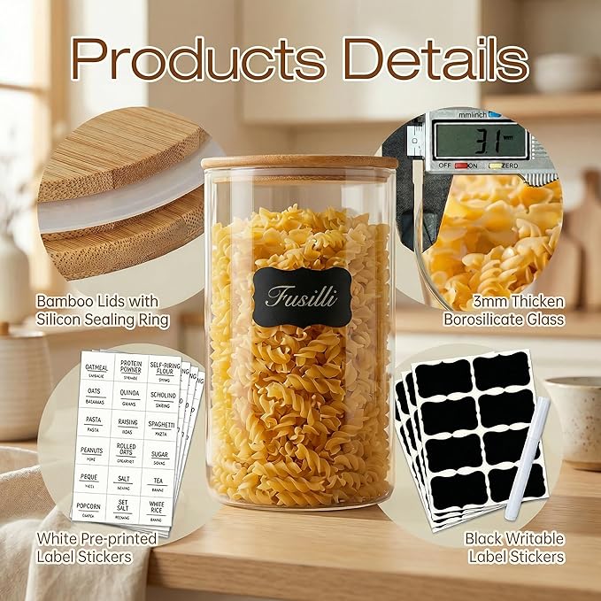 45oz - 3 Pack Glass Jars with Bamboo Lids, Glass Pantry Storage Containers with Airtight Lids, Round Air Tigh Food Storage Canisters for Cereal, Pasta, Flour, Sugar, Rice, Best for Kitchen Organizer