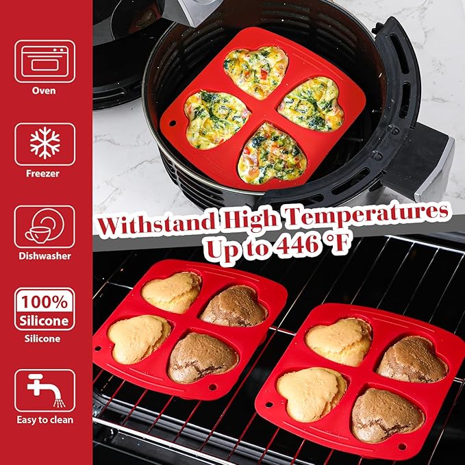Webake Silicone Heart Mold 2.75" Heart Shaped Cake Pans, 4-Cavity Air Fryer Baking Pan Muffin Cupcake Mold for Baking, Soap, Egg Bites 2 Pack