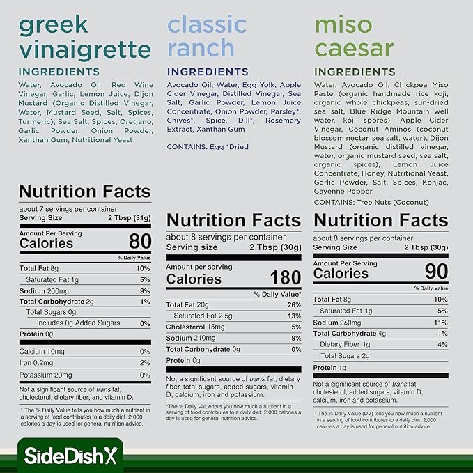 SideDish Healthy Dressing Variety Pack - Classic Ranch, Miso Caesar, Greek Vinaigrette - Seed Oil, Gluten & Dairy Free Salad Dressing w/Avocado Oil - Refined Sugar Free Umami Sauce for Dinner Recipes
