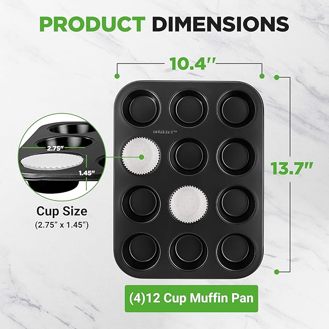 NutriChef Muffin Pans for Baking 4-Pack | Nonstick 12 Mold Cupcake Tins | Carbon Steel Stackable Cup Cake Trays | Dishwasher & Oven Safe | Includes 200 Parchment Paper Liners | 13 x 10 x 1 | Black
