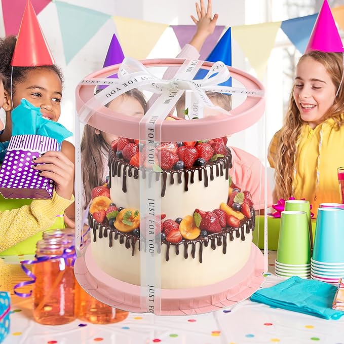 JCD Pink Multi-Layer 10 * 10 Inch Round Clear Cake Boxs with Ribbon,6 Pack Tall Transparent Packaging Cake Containers PET Cake Carrier Box for Birthday (Pink, Round 10inch/6pcs)