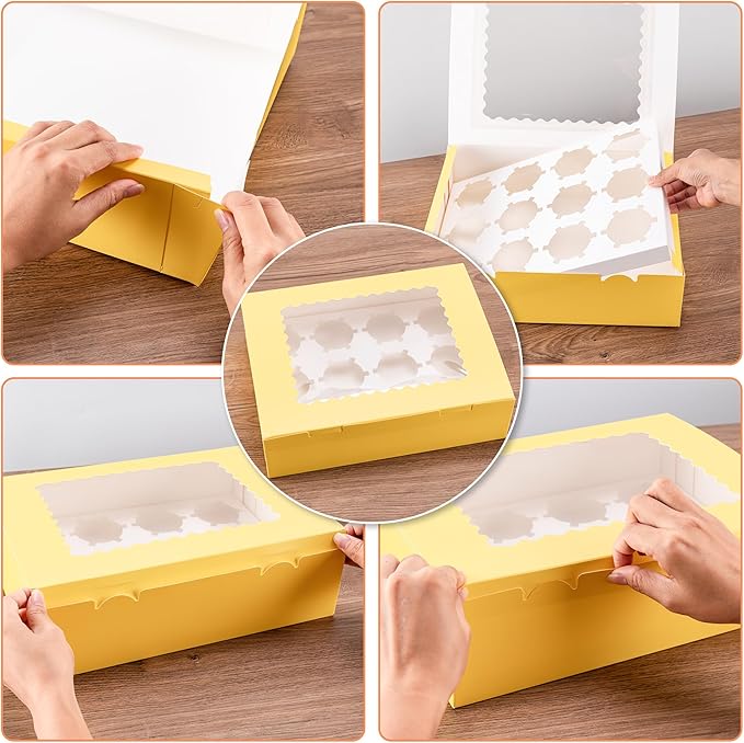 Hoewina 6PCS Cupcake Boxes - Hold 12 Count Cupcake Containers with Window, Food Grade Cupcake Holder Easy Transport and Presentation - Ideal for Cupcakes, Desserts, and More (Yellow)
