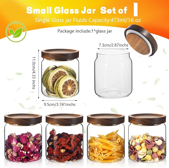 Glass Spice Jars Seasoning Containers Small Glass Jars with Lids Airtight Food Storage Canister for Kitchen Pantry Sugar Tea Coffee Bean Nuts Cookies Herbs Salt (473ml/16oz-1 pcs)