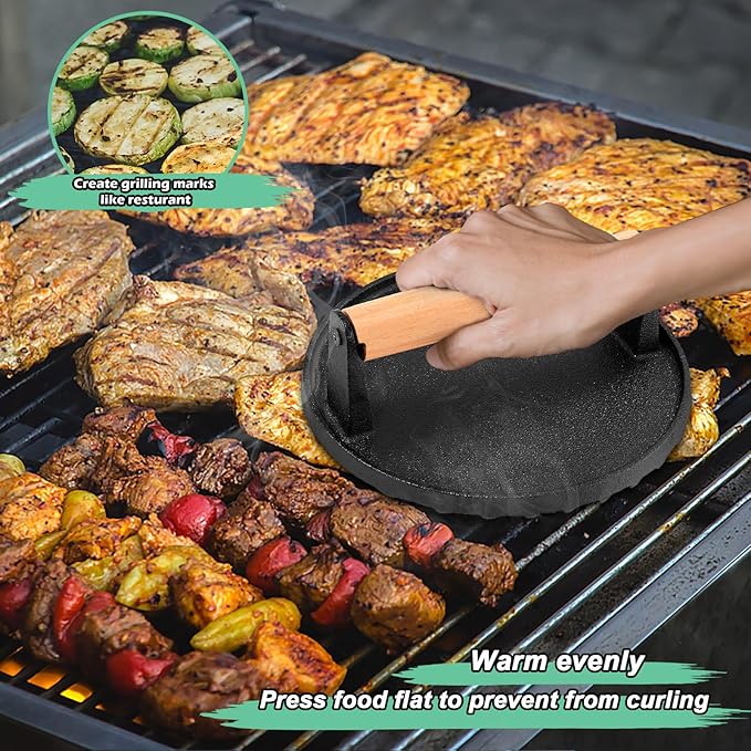 HaSteeL Cheese Melting Dome & Burger Press, Stainless Steel Basting Steaming Cover & Round Cast Iron Bacon Press, Ideal for Flat Top Griddle Grill Hibachi Stove Barbecue, Heavy Duty & Easy to Clean