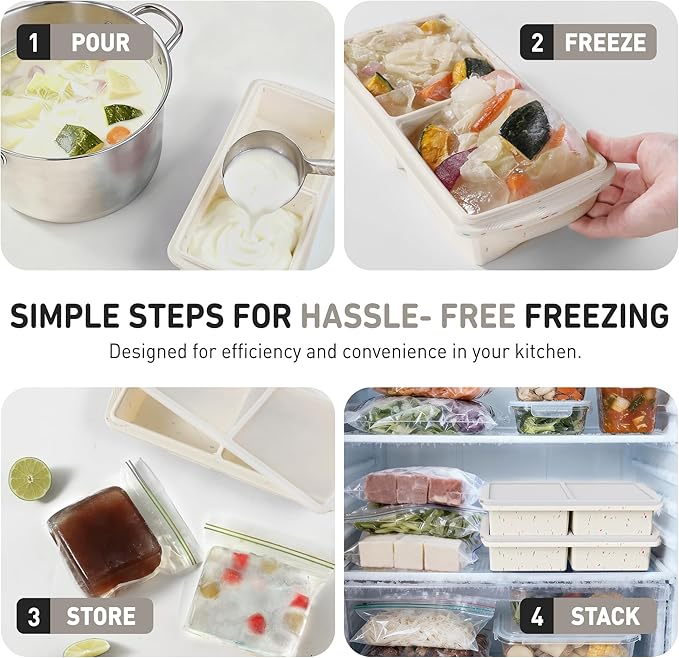Silicone Freezer Tray with Lid Soup Freezer Container Molds with Steel Reinforced Rim Large Ice Cube Freezer Molds Soup, Sauce, Leftovers, Homemade Meal Prep Freezing Kitchen Storage Containers Cream