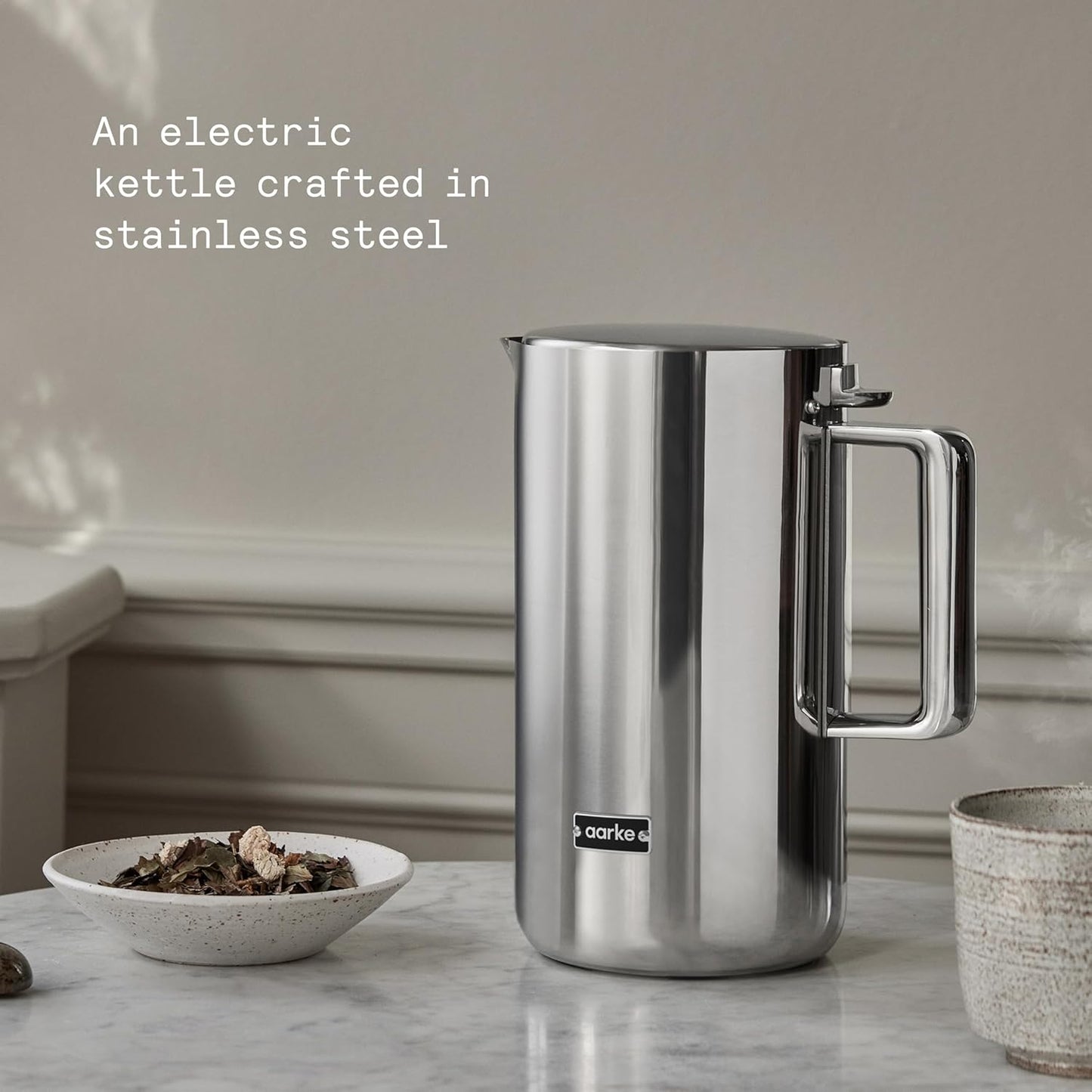 aarke Stainless Steel Kettle - Perfect for Coffee and Tea Maker Enthusiasts, Non-Drip Spout, Double-Wall Construction, Dry Boil Protection, Heat-Safe Handle, LED Cool-Down Indicator, 1.2L (Steel)